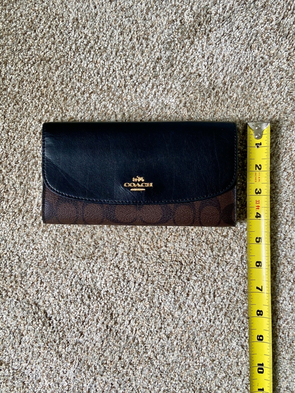 COACH Signature Slim Envelope Wallet Brown Black Leather Long Flap Clutch - Picture 10 of 13